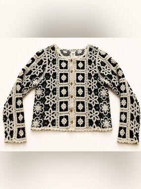 Ultra Pink Floral Crochet Cardigan Black Cream Boho Cottagecore LG